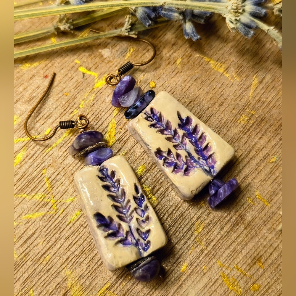 Handcrafted Rustic Lavender Flowers On Clay & Charoite On Copper Drop Earrings
